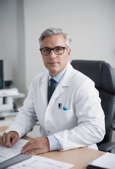 A distinguished 45-year-old man with salt and pepper hair, wearing a white lab coat and glasses, sits at his desk in his office. On the desk, there are stacks of medical charts and a computer, as he looks directly at the camera with a confident gaze.