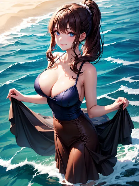 1girl, solo, sea, long hair, brown hair, ponytail, curly hair, large breasts, ((brown sweeter)), dark blue eyes, smile, long skirt, looking at the viewer