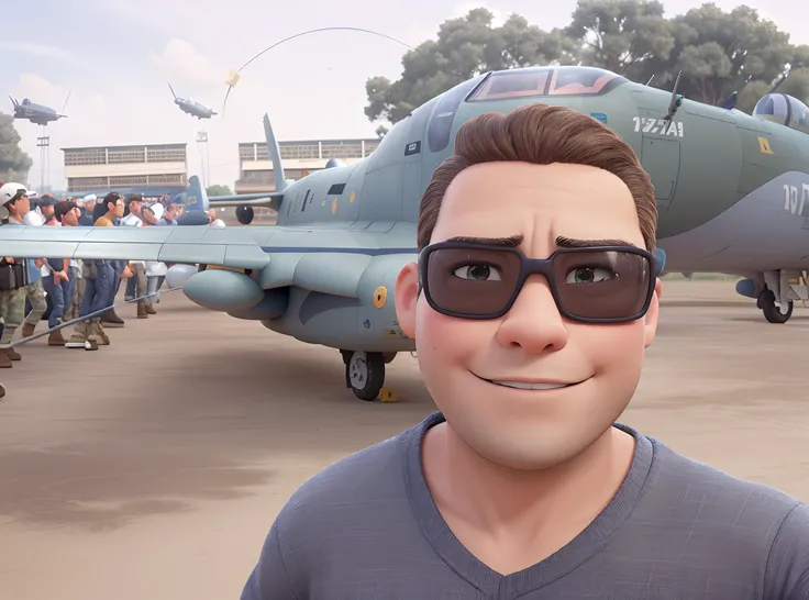 Criar uma imagem estilo disney pixar. Brunette man in front of a military plane. Alta qualidade.