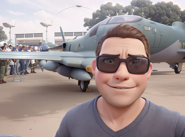 Criar uma imagem estilo disney pixar. Brunette man in front of a military plane. Alta qualidade.