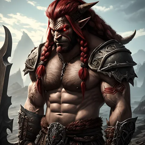 Berserker, Barbarian Orc,  Arte de Fantasia, of his gaze alone enemies beginning to panic, one head, devilish smile, besta do inferno, demonio, White Fire Sky, guerreira, com foice e escudo, lindo, Orcs, Werelion, Long red braided hair, olhos dourados bril...