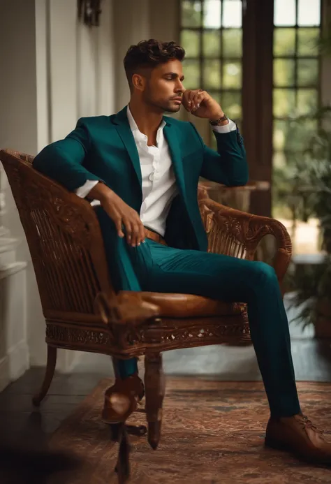 brown man, very realistic, masculine, short hair, summer outfit, sit in a chair