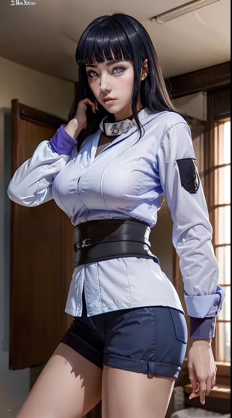 Foto ultrarrealista da sexy Hinata Hyuga, retratado como um alto, Slender and graceful young woman with long dark hair that reaches her waist. Her eyes are pearl-colored, Characteristic of Hyuga clan members. ((Ela tem enorme, seios cheios, seios ultra gig...