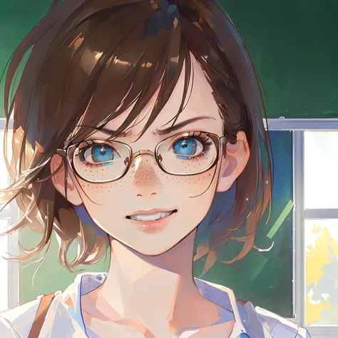 Details: (((((masterpiece))), best quality, (cowboy shot), perfect anatomy, (detailed face), indoors, classroom, sunny, warm sunlight, (((realistic faces))), realistic anatomy, painterly)) girl: ((perfect eyes))((1girl), pretty, glasses, ((shaded face)), s...