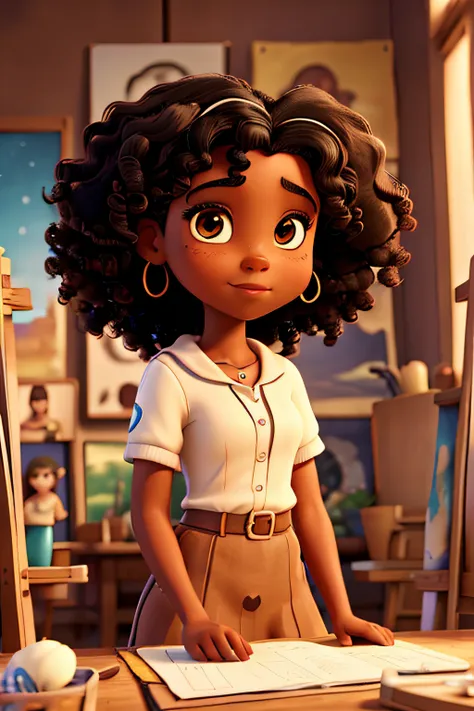 disney-style film cover, a black girl with brown eyes, dark skin and curly hair who works painting pictures and an art studio in...