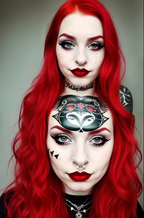 edgy rockstar long red hair girl with almond eyes and a septum piercing and snake bites piercings and snow white skin and freckles and a smirk and neck tattoos and holding a feather ink pen