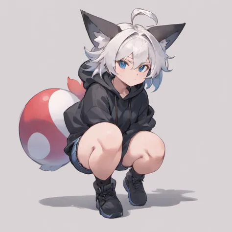 male, Short, has Long white hair, has wolf ears, has wolf tail, has blue eyes, wearing denim short shorts, thigh high fishnets, black combat boots, wearing cropped black hoodie, flat chest, super flat chest, solo femboy, only one femboy ((FLAT CHEST)) (ALO...