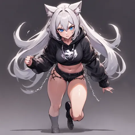 male, Short, has Long white hair, has wolf ears, has wolf tail, has blue eyes, wearing denim short shorts, thigh high fishnets, black combat boots, wearing cropped black hoodie, flat chest, super flat chest, solo femboy, only one femboy ((FLAT CHEST)) (ALO...