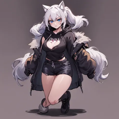 male, Short, has Long white hair, has wolf ears, has wolf tail, has blue eyes, wearing denim short shorts, thigh high fishnets, black combat boots, wearing cropped black hoodie, flat chest, super flat chest, solo femboy, only one femboy ((FLAT CHEST)) (ALO...