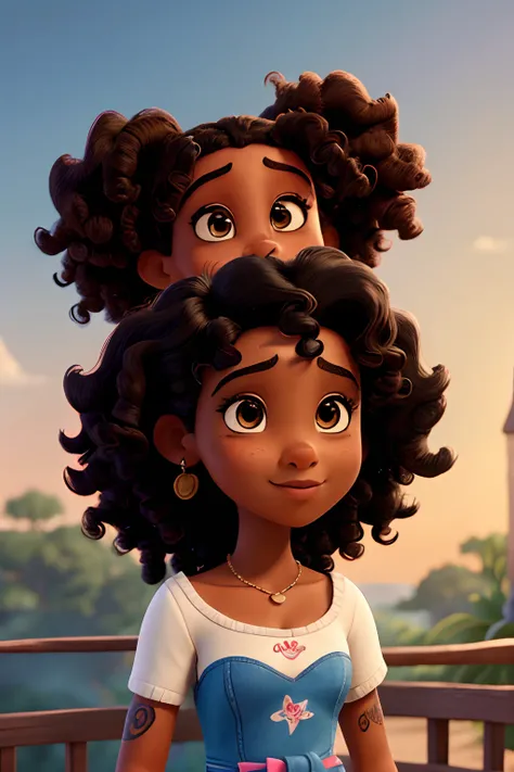 a Disney-style film poster, a black girl with slanted brown eyes, a snub nose, dark skin and curly hair who works with photography, tattoos, draws and paints pictures