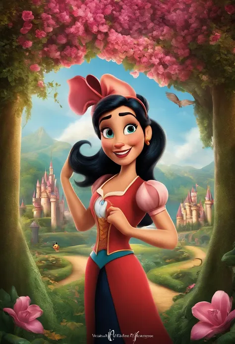 "Create a Disney Movie Poster in High Resolution ,onde a magali esta de frente a uma sala de estetica rosa,com nome de valeria gomes."