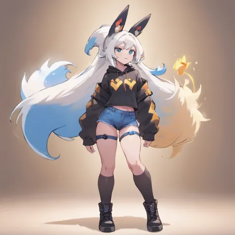 male, has Long white hair, has wolf ears, has wolf tail, has blue eyes, wearing denim short shorts, thigh high fishnets, black combat boots, wearing cropped black hoodie, flat chest, super flat chest, solo femboy, only one femboy ((FLAT CHEST)) (ALONE)(SOL...