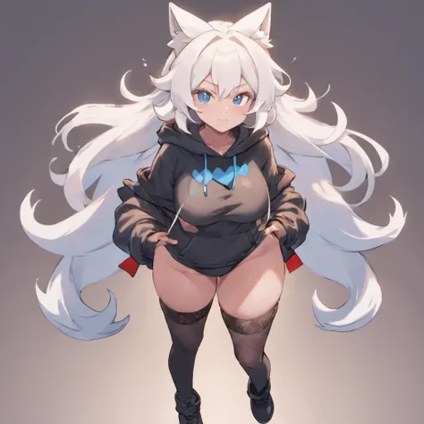 male, has Long white hair, has wolf ears, has wolf tail, has blue eyes, wearing denim short shorts, thigh high fishnets, black combat boots, wearing cropped black hoodie, flat chest, super flat chest, solo femboy, only one femboy ((FLAT CHEST)) (ALONE)(SOL...