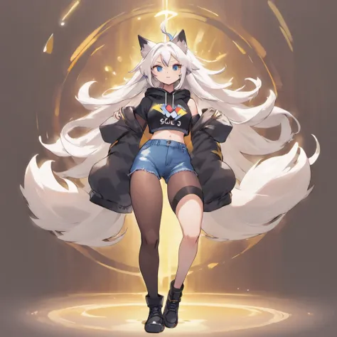 male, has Long white hair, has wolf ears, has wolf tail, has blue eyes, wearing denim short shorts, thigh high fishnets, black combat boots, wearing cropped black hoodie, flat chest, super flat chest, solo femboy, only one femboy ((FLAT CHEST)) (ALONE)(SOL...