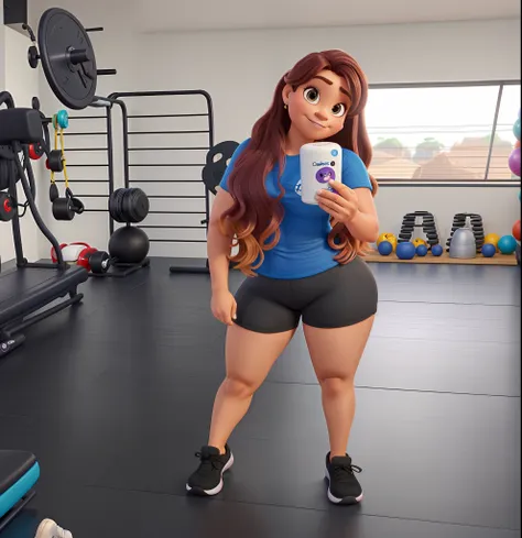 Uma personal trainer, bonita, cabelos longos, olhar marcante, personagem disney pixar