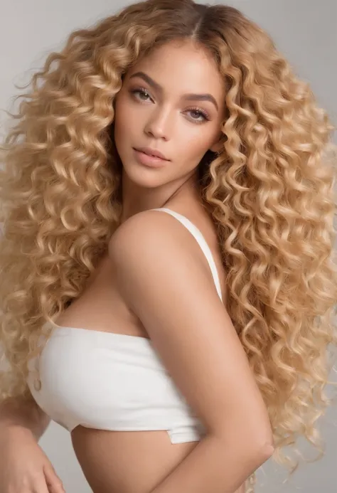 "Ultra-realistic image of a beautiful 21-year-old Beyoncé, Caramel peel, corps parfait, forte poitrine, nez fin,Taille fine, cheveux blond, Curly and curly hair karibean , piercing green eyes.hyper-realistic，anatomie correcte，Facial features are carefully ...