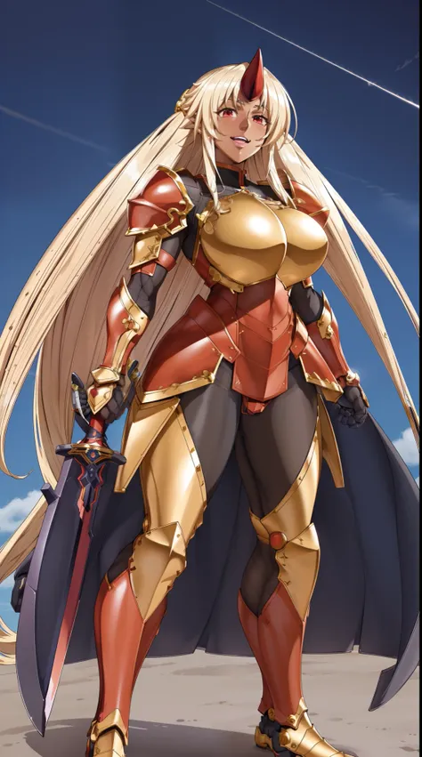 (best quality,4k,8k,highres,masterpiece:1.2),ultra-detailed,(1.37),single horn,very long hair,tall female,red eyes,dark skinned female,standing,armor,boots,sword holding,joyful,big smile,full armor,illustration,portrait,rich colors,warm tones,soft lighting