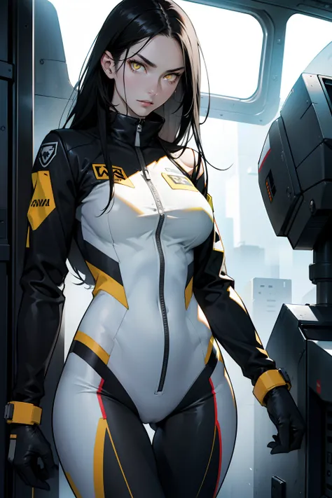 1 girl, black hair, yellow eyes, very long hair, pale skin, fit body, slender body, slim waist, large breasts, (confident expression), pilot suit, thigh gap