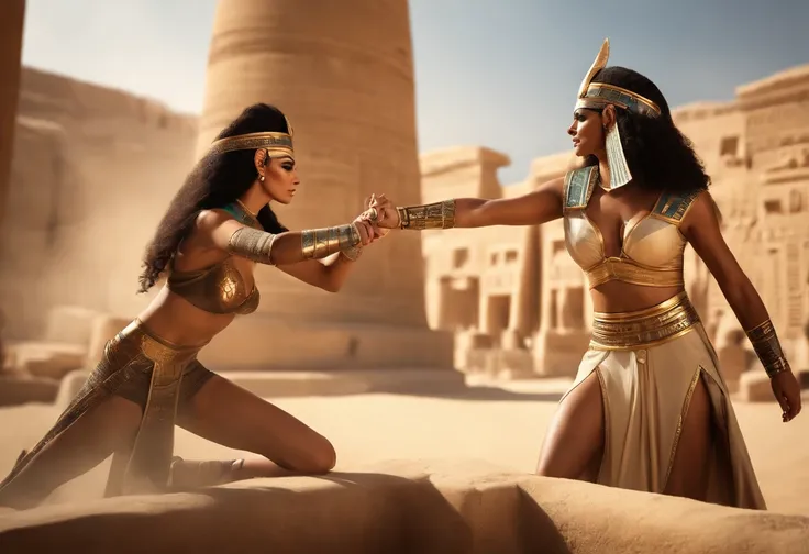 ((beste-Qualit)), ((ultra resolution)), ((Photorealistic)), (intricate detials),  (((Two super sexy ancient Egyptian female warriors with HOPESH swords fight in front of a pharaoh in ancient Egypt with a perfect body,  Her body glistens with olive oil   ) ...