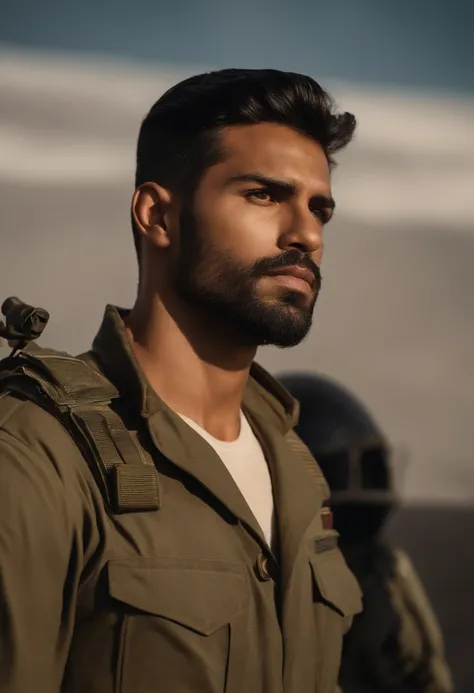 man, 28 years old, black hair, delta wing cut, wide nose, slanted eyes, black eyes, tanned skin, square chin, small mouth, thin beard, athletic body, wearing military pants, looking at the portrait, while a war is taking place in the background.