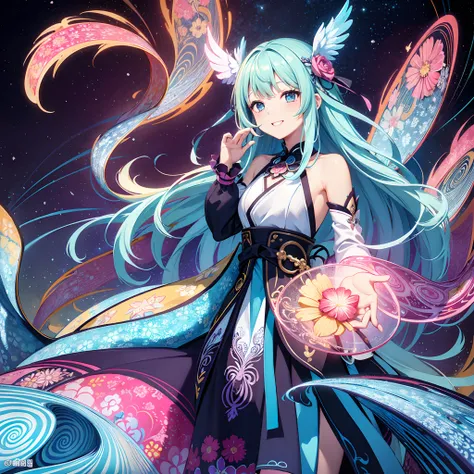 (​masterpiece、top-quality、top-quality、Official art、Beautifully Aesthetic:1.2)、(1girl in:1.3)Light blue long hair、Twin-tailed、adorable smiling、ighly detailed、(Fractal Art:1.1)、(colourfull:1.1)(florals:1.3)、highestdetailed、(Zentangle:1.2)、(dynamicposes)、(Abs...