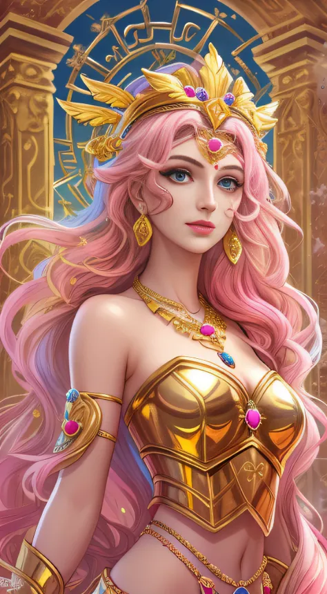 1 goddess of love, greek mythology pink armour, colourful hair, smilling, positive vibes, in the heaven, clear eyes, beautiful eyes, beautiful body, supporting face, detailed face, hair ornaments, golden necklace, golden rings, golden earrings, high resolu...