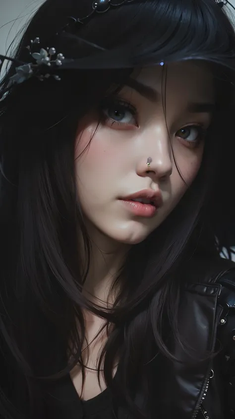 um close up de uma mulher com longos cabelos pretos usando um capuz, cruel korean goth girl, pale goth beauty, com cabelos longos e olhos penetrantes, pale porcelain white skin, cara bonito. fantasia sombria, Arte no estilo de Guweiz, pale white face, Ulzz...