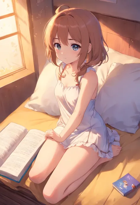 Cute loli，Barefoot，Tummy down，head looking up，Raise your feet，shift dresses，white  panties，largeeyes，Anime cute face，looking at book，Wet da NSFW a man touching her under her panties