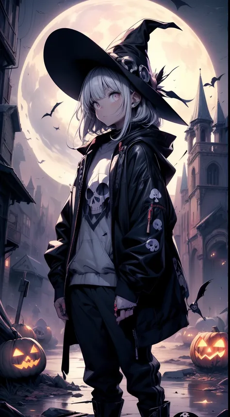 (Best quality,A high resolution,Masterpiece:1.2),Ultra-detailed,Rich Halloween atmosphere，A circle with geometric shapes on the ground，Glowing circles，1loli，(Holding a glowing jack-o-lantern in his hand:1.3)，Witch hat，(Clothing with human bone motifs:1.4)，...