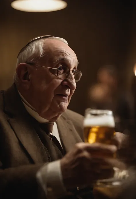 crea una imagen muy realista del papa francisco bebiendo cerveza