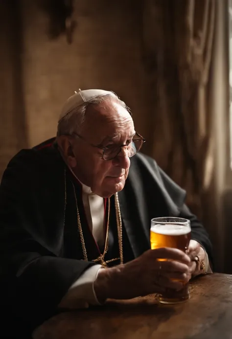 crea una imagen muy realista del papa francisco bebiendo cerveza