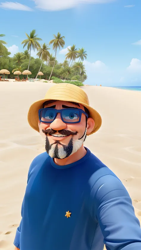 Um rapaz com sorriso maroto, On a lovely beach with blue skies , homem com barba e bigode