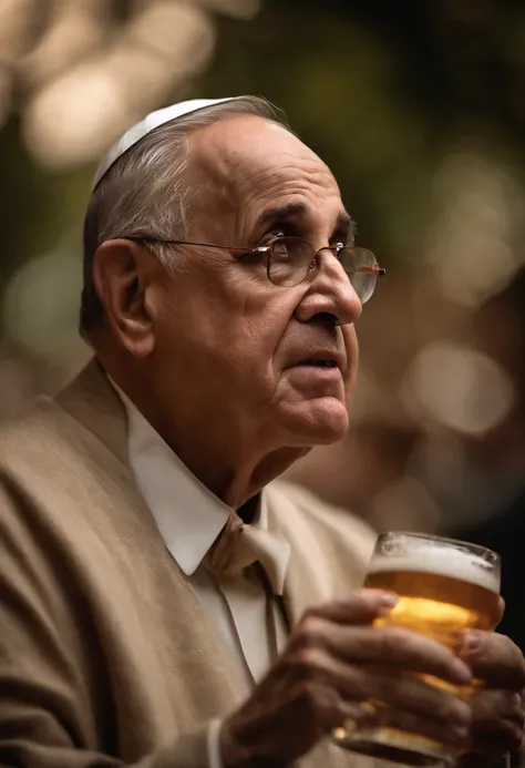 crea una imagen muy realista del papa francisco bebiendo cerveza