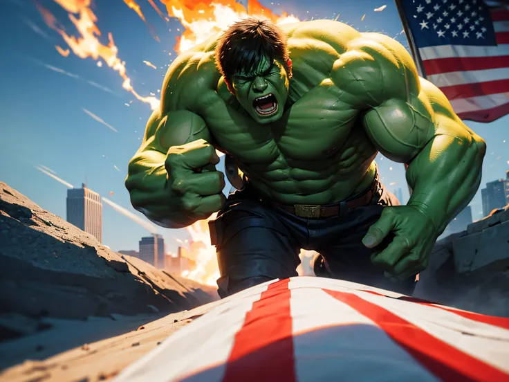 Donald Trump as Hulk smashing Congress, American Flag in background