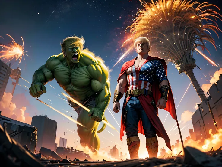 (best quality,ultra-detailed),Donald Trump as Hulk,wrapped in American Flag,explosions in background,superhero,physically-based rendering,concept artists,vivid colors,sharp focus,HDR,ultra-fine painting,studio lighting,colorful palette,heroic pose,rippling...