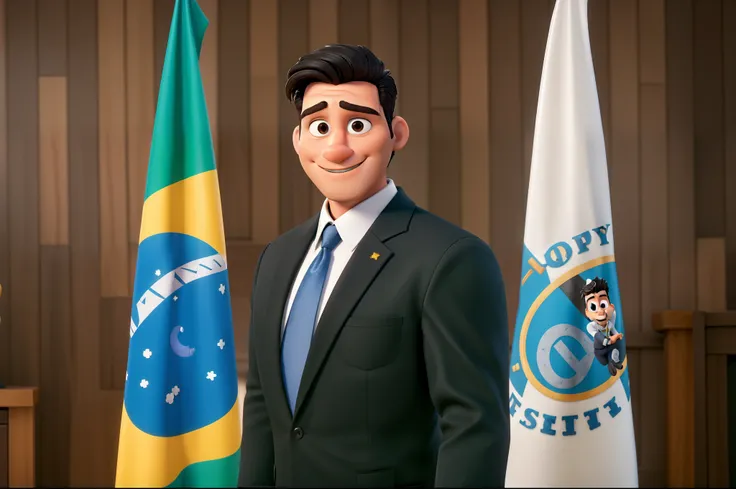 Homem branco, cabelo preto e curto, estilo disney pixar, nariz pequeno, alta qualidade, melhor qualidade