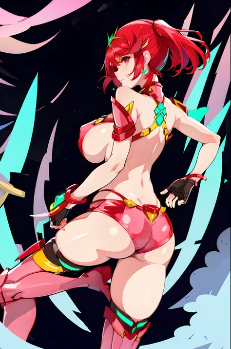 pyra (xenoblade), teen_1girl, loli, bangs, black gloves, breasts, red eyes, shout, earrings, eyelashes, fingerless gloves, floating hair, , gem, gloves, hair ornament, headpiece, jewelry, gigantic_breasts, leaning back, swimsuit, neon trim, official art, p...