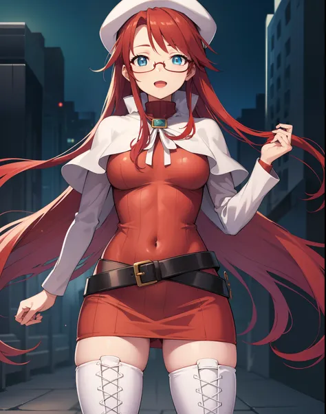 summonnightaty, aty, long hair, blue eyes, red hair, beret, hat, glasses,
BREAK long hair, thighhighs, hat, dress, boots, glasses, belt, cape, sweater, zettai ryouiki, beret, thigh boots, white footwear, ribbed sweater, loose belt,,
BREAK outdoors, fantasy...