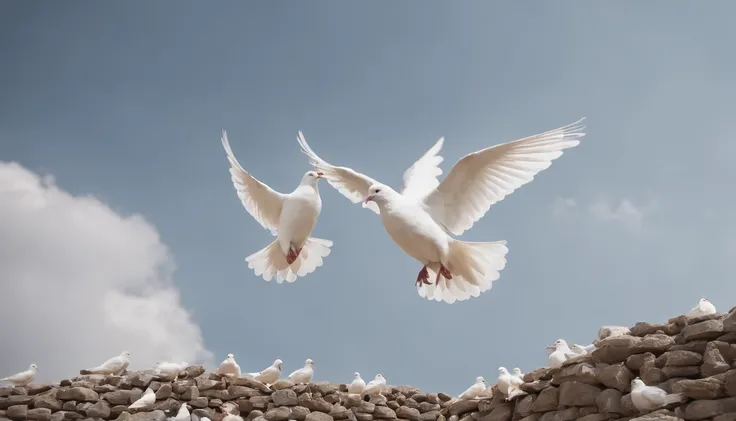 Um terreno devastado durante uma guerra (1945), Clear sky with white doves flying, 4k , realista, animado