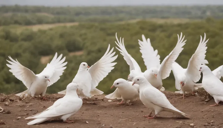 Um terreno devastado durante uma guerra (1945), Clear sky with white doves flying, 4k , realista, animado