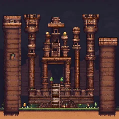 2D pixelated side-scrolling game with platformer tiles and ancient ruins, Multi-tile sprite table,dark light, darkest dungeon and ancient ruins style themed, pixel art style