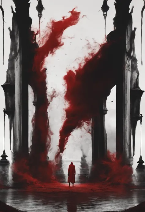 Uma espada vermelha feita com sangue. The design is dark and made by the devil. the background is black. Em torno da espada, Has a red smoke and aura.