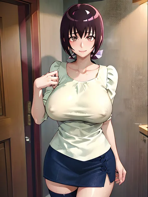 masutepiece、​masterpiece、top-quality、Beautuful Women、Extraordinary beauty、White shirt、Short skirt、panthyhose、Colossal tits、teats、short-cut、A dark-haired、Nasty smile、beauty legs、1人の女性、full of sweat、red blush、nipple erect