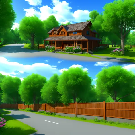 Create a 3d animation of a forest in a house with big and small trees with colorful flowers a fence near the road with sky and clouds