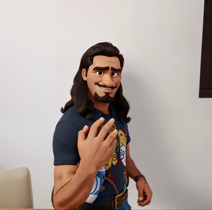 homem de pele morena, cabelos longos e pretos, cavanhaque barba preta, estilo pixar, alta qualidade, melhor qualidade