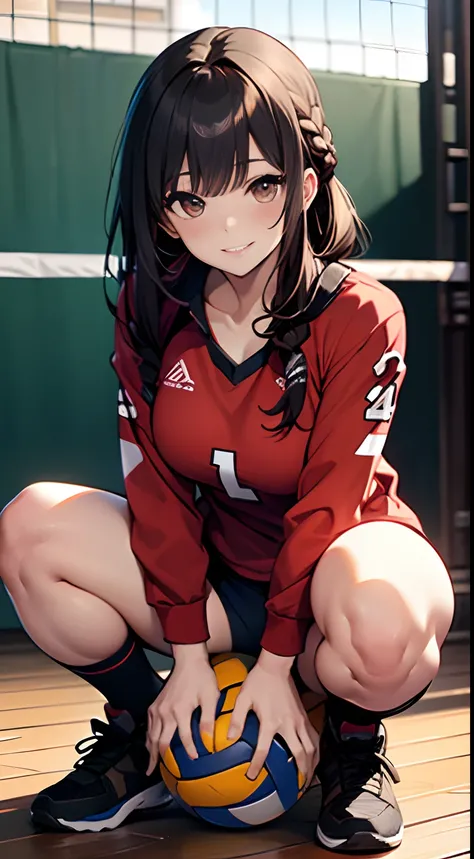 UHD, anatomically correct, 8k, (((masterpiece))), (((best quality))), (((ultra detailed))), (((high-resolution))), ((super fine illustration)), ((Ultimate cutie)), detailed beautiful face, 1girl ball black_footwear black_hair black_socks (blush) braid brow...