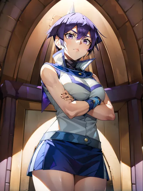 girl, sleeveless jacket, bare shoulders, (((short hair))),blue skirt, fingerless gloves,(((((purple hair))))), yellow eyes,cross...