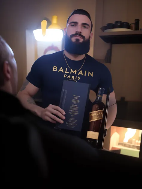 Homem de Arafed segurando uma garrafa de Balmain Paris, por Romain brook, Directed by: Sam Dillemans, 25 anos, 2 5 anos, Directed by: Meredith Dillman, 30 anos, 3 0 anos, very fancy whiskey bottle, Directed by: Gavin Nolan, Directed by: Dan Frazier, obra-p...