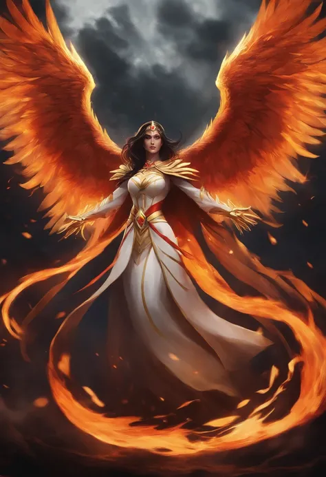 A fusion of Phoenix and (Albedo from overlord), combining the raw power of a Dark fire,  with the unwavering determination of the symbol of fear.