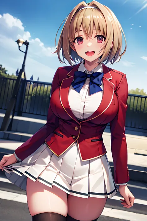 Big tits, masterpiece, best quality, highres, aakikyo, short hair, hair intakes, white hairband, blue bowtie, collared shirt, blazer, red jacket, long sleeves, white skirt, pleated skirt, black socks, cowboy shot, standing, outdoors, straight-on, arms at s...